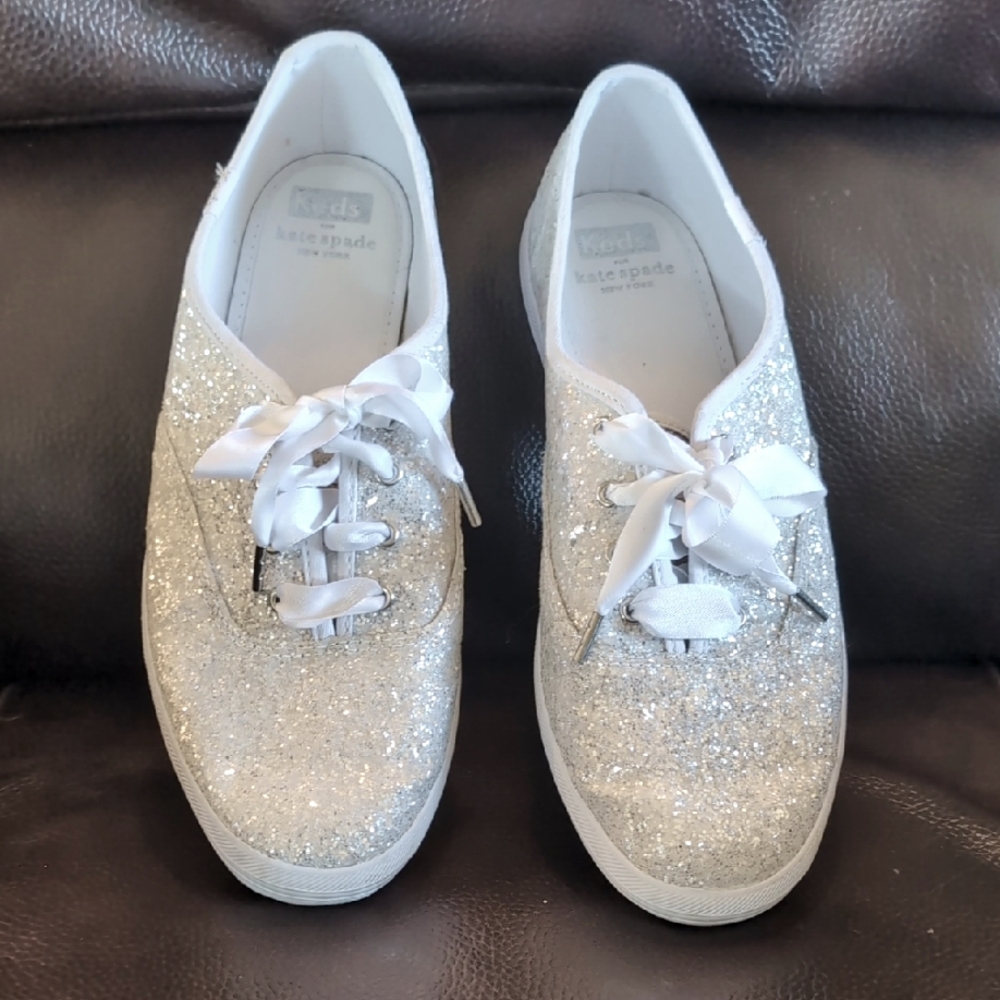 Kate Spade New York by Keds. Silver Sparkly Sneakers with White Satin Laces EUC